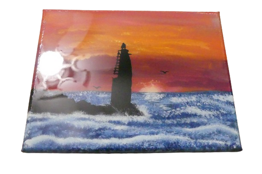 Vibrant Brush Painted Break Water Light At Sunset 8x10 Inch Stretched Canvas With Epoxy Resin Layer