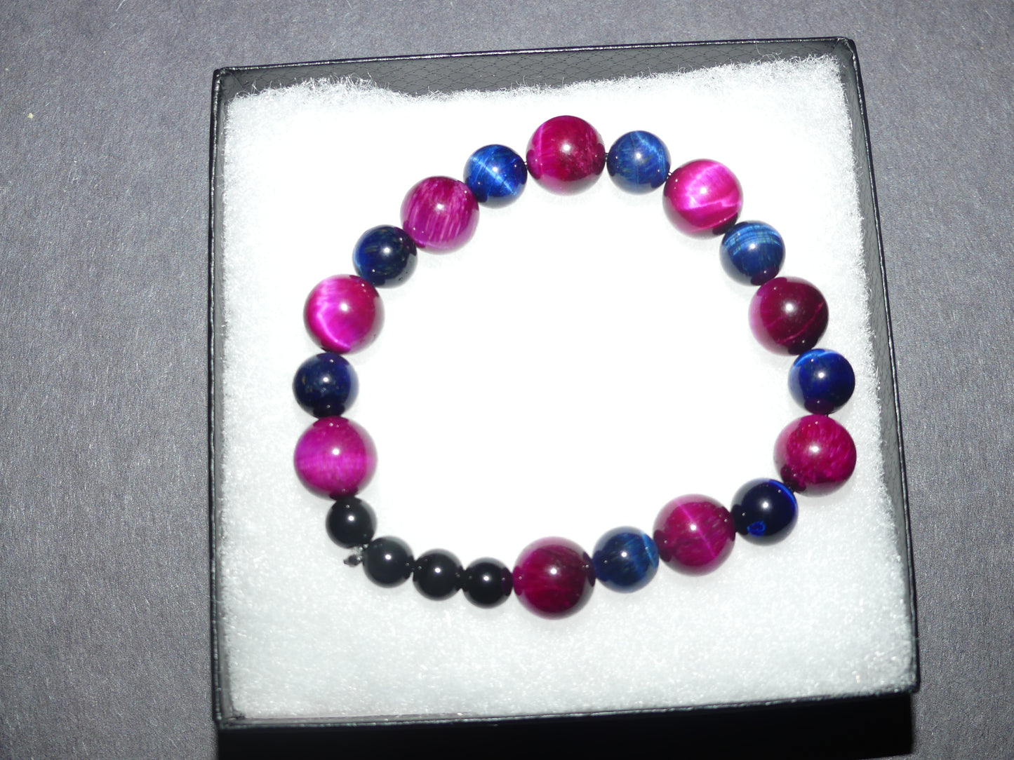 Blue and Pink Tiger Eye Bracelet with Obsidian Ends