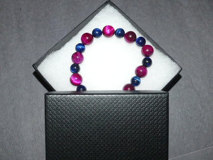 Blue and Pink Tiger Eye Bracelet with Obsidian Ends