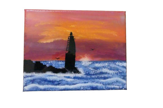 Vibrant Brush Painted Break Water Light At Sunset 8x10 Inch Stretched Canvas With Epoxy Resin Layer